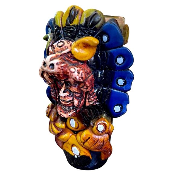 Aztec Mexican shot glass 3 oz clay stones Tribal man - Picture 2 of 13